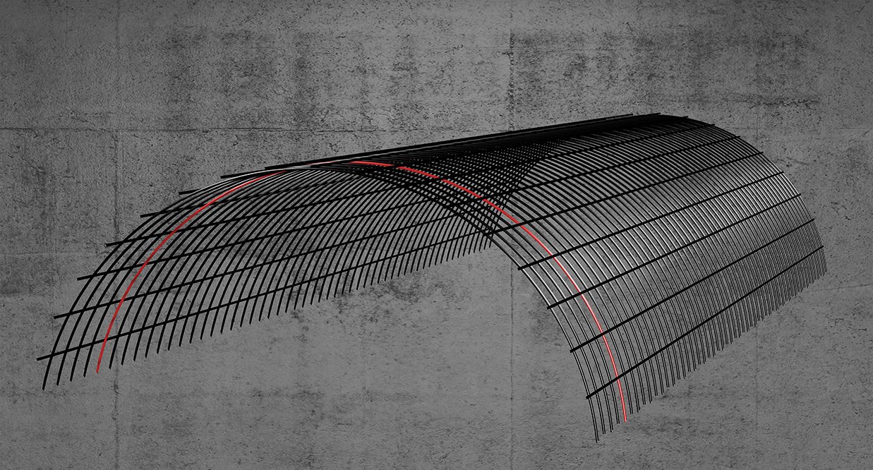 Visualisierung einer Carbongitterbewehrung mit vielfältigen Einsatzmöglichkeiten, z.B. im Tunnelbau. (© rothycon)